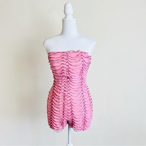 Pink & Black Ribbed Ruched Textured Strapless Romper